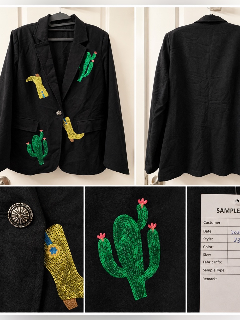 Black Sequin Cactus Cowboy Boot Blazer Western Apparel Sample Size S